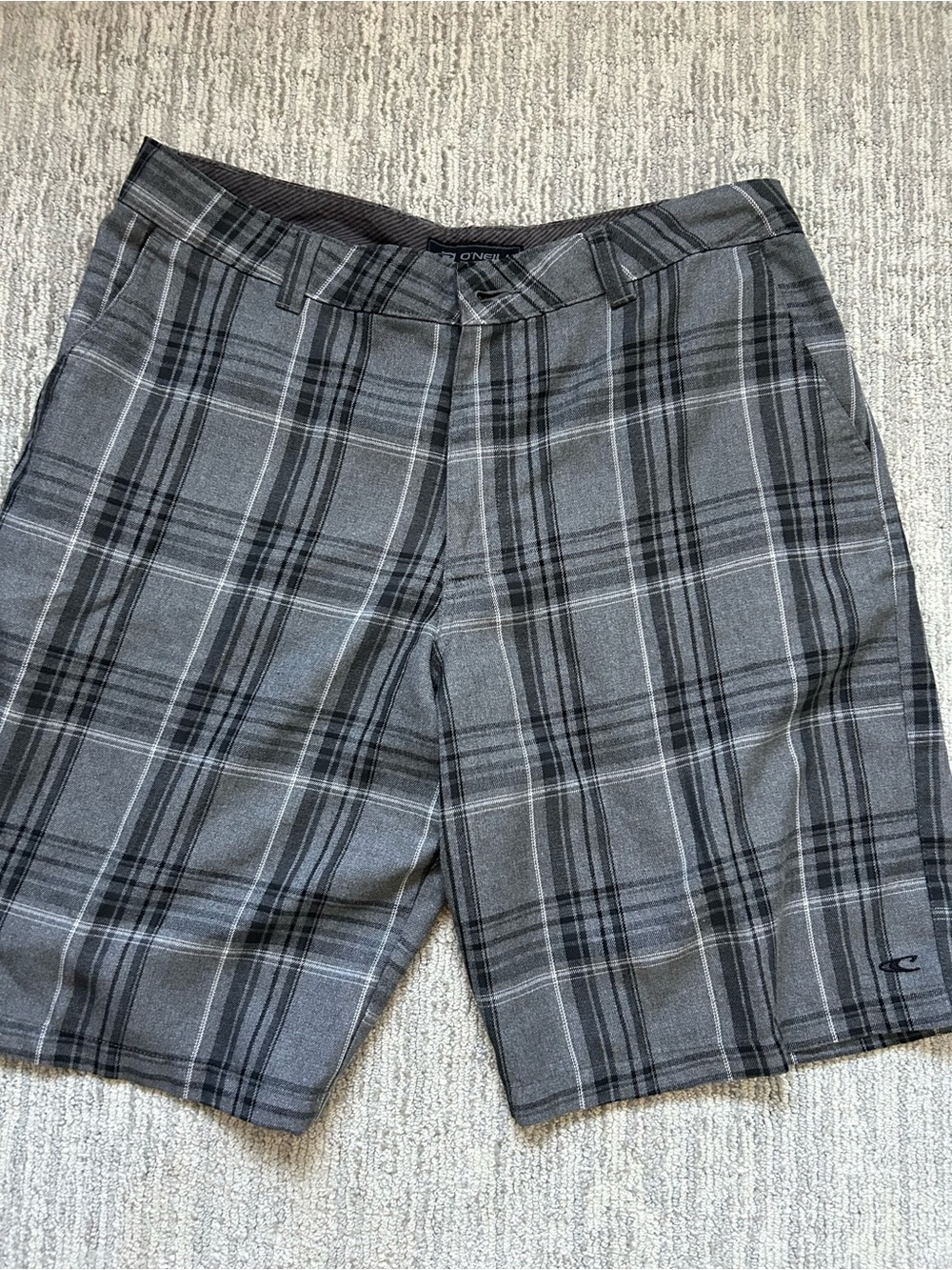 O'Neill Men's Black and Gray Plaid Flat Front Shorts
